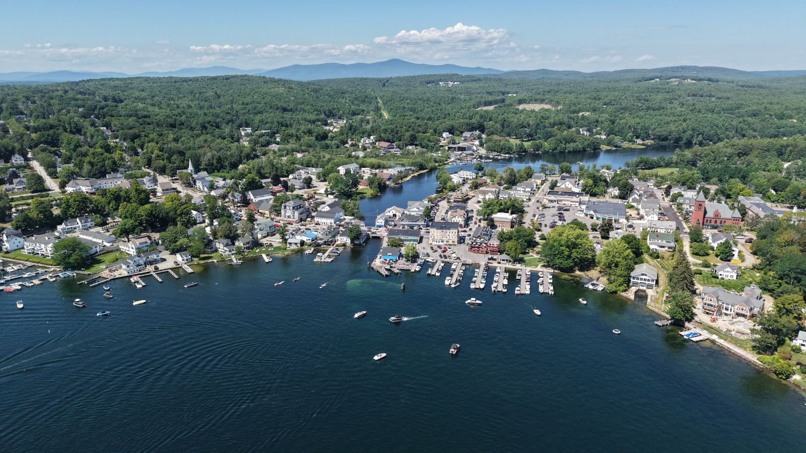 Aerial view of a New England harbor town near the agency